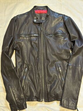 Superdry Brown Leather Bomber Jacket with Red Lining